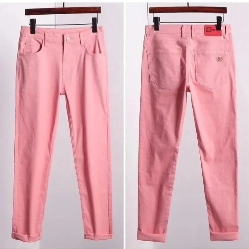 Men's Colorful Denim Stretch Stretch Jeans New Elastic Yellow Pink Red Slim Male Clothing Simple Business Denim Trousers