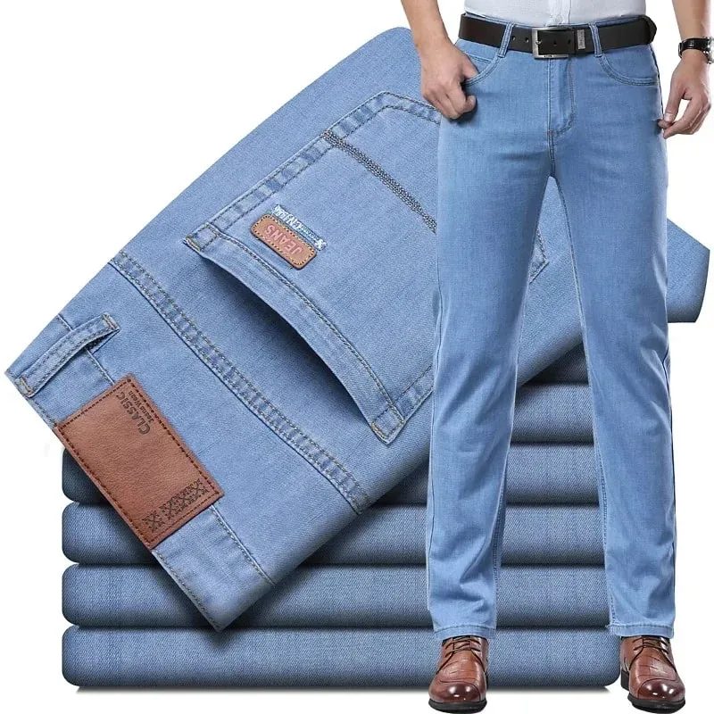 2026 clássico masculino calças de brim retas homme pantalon streetwear macio preto azul masculino denim mans calças
