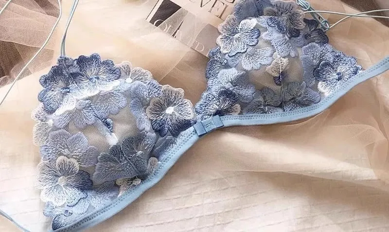 French Niche Design Lingerie Embroidered Mesh Non Wired Triangle Cup Retro Lace Bralette Thin Comfortable Bra UK Tushy MOYISU