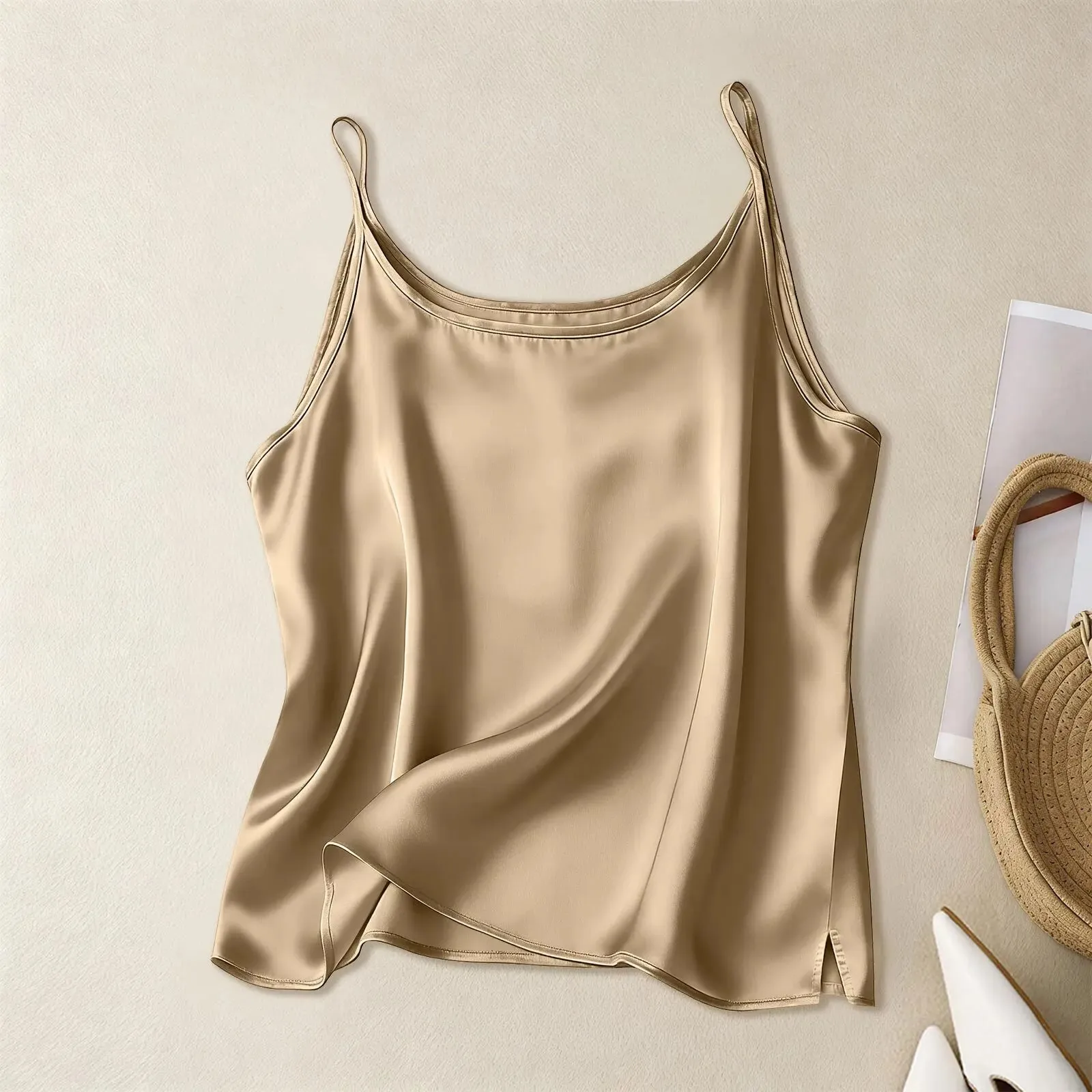 Hot-selling new arrivals from Europe and America: Mini-length women's sexy satin versatile top with spaghetti straps