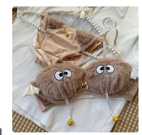 Cute Cat Paw Plush Lingerie Set for Women Warm Winter Bra & Panty with Ears Comfortable Kawaii Underwear