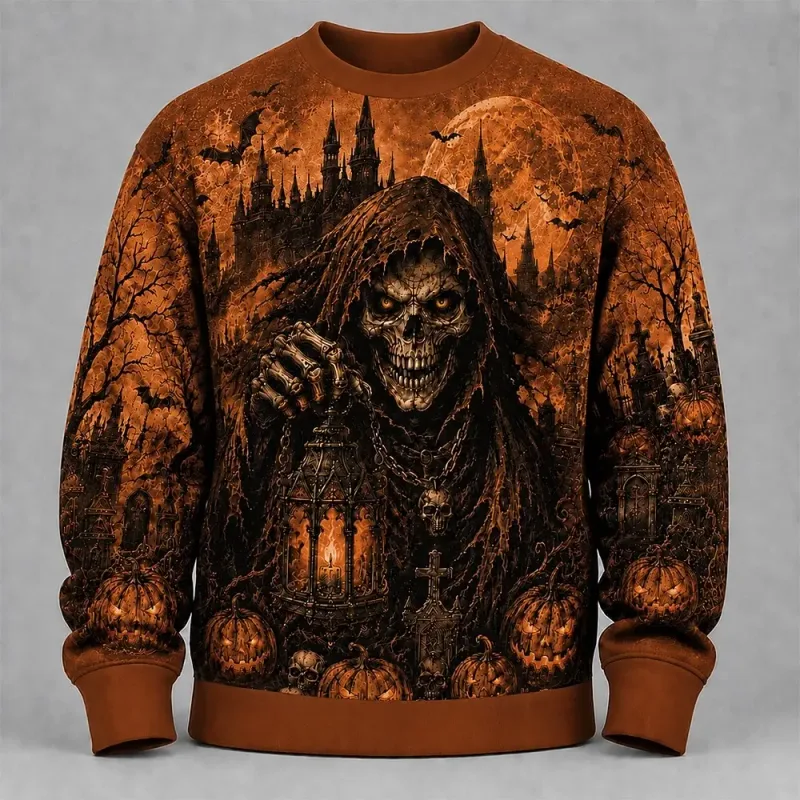 Fleece Sweatshirts Halloween Men's Skulls Sweatshirt Punk Party Gothic Crew Neck Vacation Blue Dark orange Brown Green