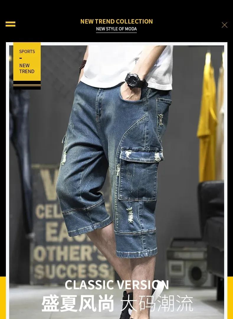 Cargo Man Denim Shorts Knee Length Half Long Bermuda Short Jeans Pants for Men with Pockets Blue Luxury Jorts Thin Streetwear