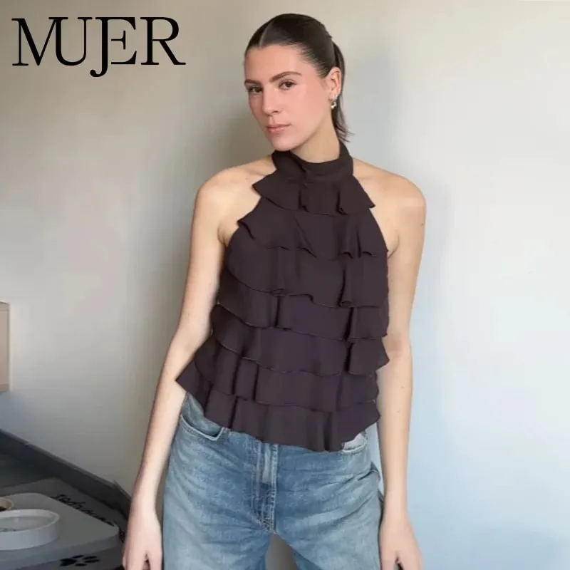 Ruffle Halter Top Women off Shoulder Backless Tops for Women Summer Sleeveless Tops Woman Sexy Camisole Crop Top Female