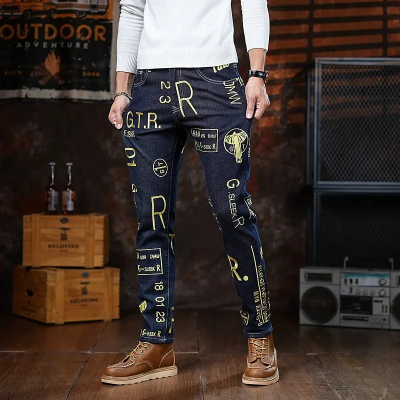 High end 2025 autumn new slim fit small leg pants for men personalized embroidery printed fashion trend jeans