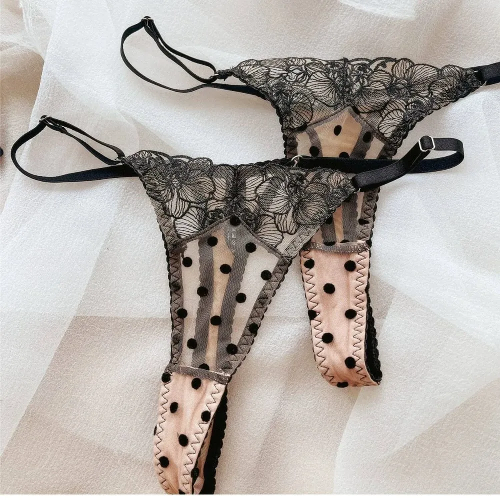French Sexy Lace Flowers Embroidery Bra Set Summer Dot Women Ultra Thin Underwear Wide Version Breathable Lingerie Thong Sets