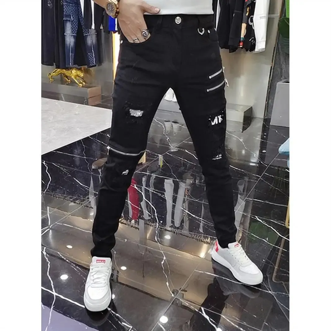 Luxury 2023 Men's High Street Korean Black Jeans with Zipper Distressed Hole Designer Youth Trend Slim-Fit Black Cotton Trousers