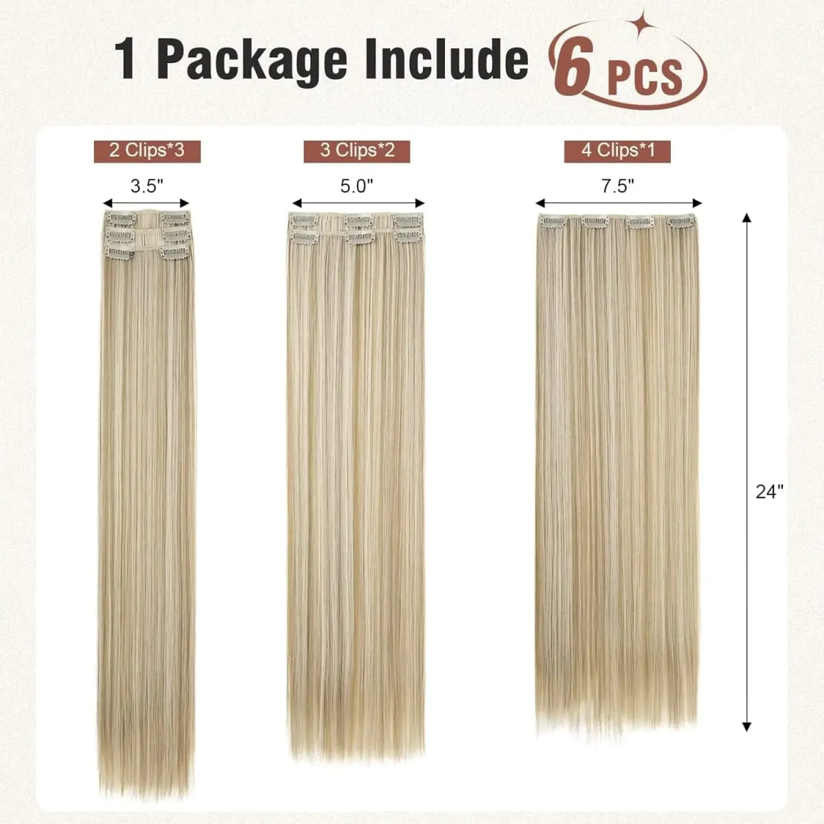 6Pcs Clip in Hair Extensions 24" Long Straight Heat Resistant Synthetic Clips on Hair Piece for Women Daily Wear