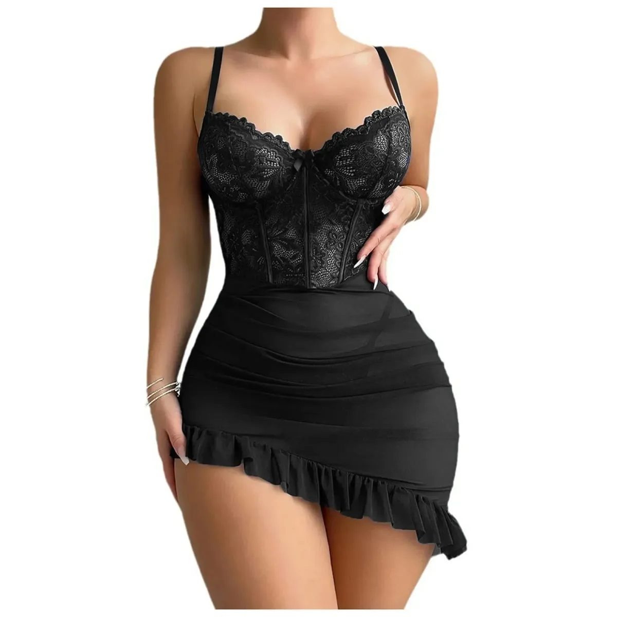 Women's Transparent Underwire Bra Sexy Fairy Lingerie Set See through Lace Nightdress Pajamas Delicate Sexy Nighty