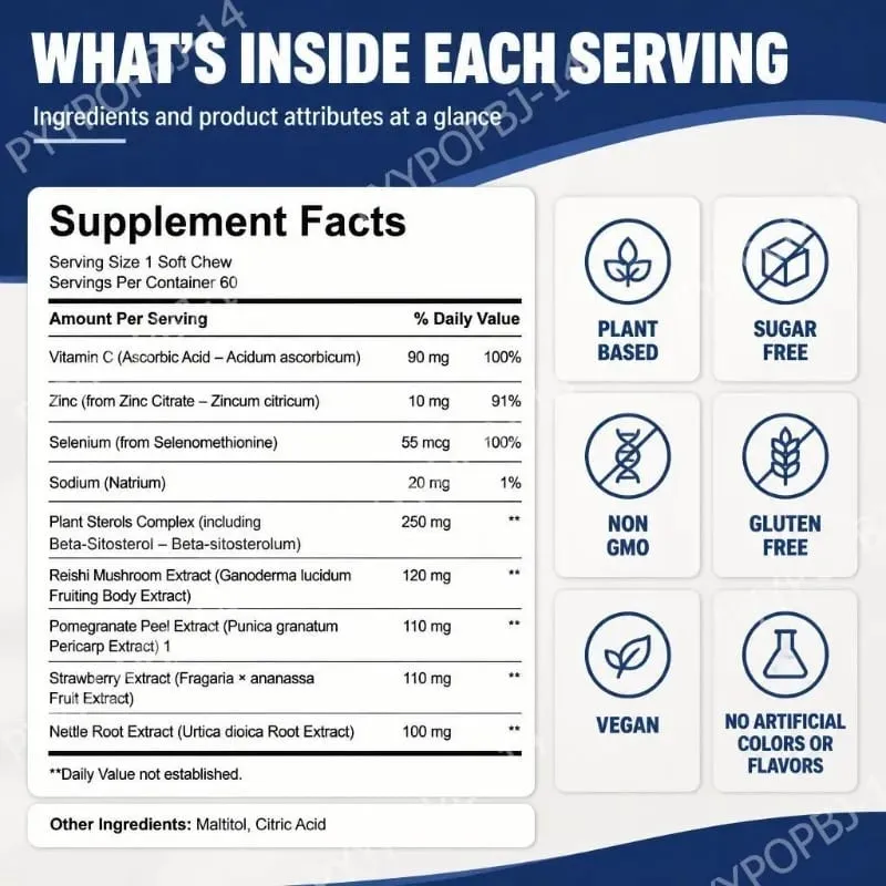 Docteat Prostate Health Gummies with Vitamin C Sugar-Free Pomegranate-Berry Flavor Immune Balance Antioxidant Support 60 Gummies