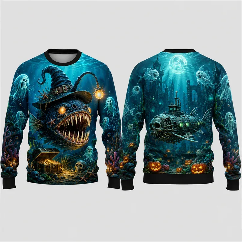 Pumpkin Ghost Graffiti Sweatshirt Halloween Mens 3D Print Polyester Crew Neck Long Sleeve Hip Hop Fashion Pullover Oversized Fit