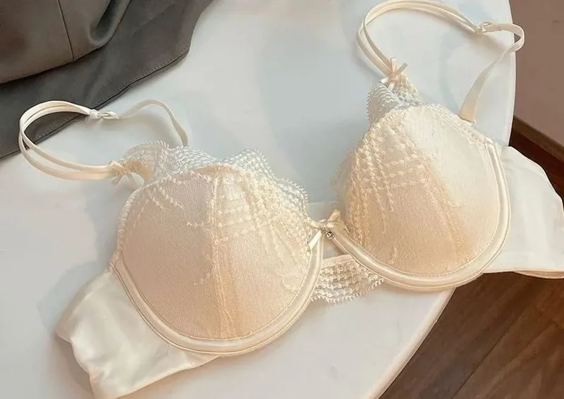 Ladies 2 Pieces Lace Underwear Suit Pure Desire Deep V Low Neck Thin Strap Soft Underwire Push Up Bra Briefs Sexy Lingerie 32‑38