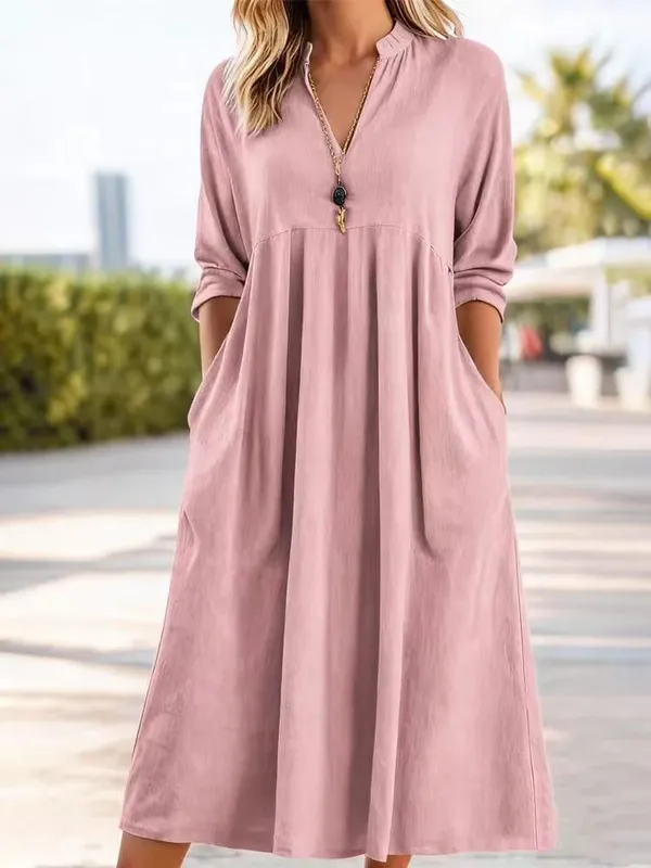 Spring Summer 2026 Loose Dress Women Vintage Linen V-neck Dual Pockets Mid-Calf Length One Piece Solid Dresses 3/4 Sleeve 64060 — image 4