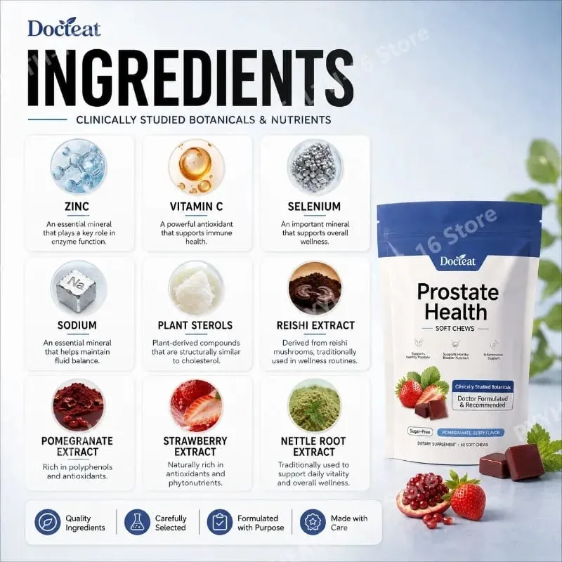 Doceat Prostate Health Soft Chews with Zinc Vitamin C and Plant Sterols Sugar-Free Pomegranate-Berry Flavor 60 Soft Chews
