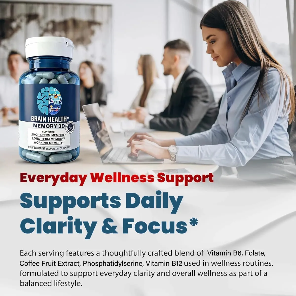 Memory 3D Brain Supplements for Memory and Focus Vitamin B12 & B6 Folic Acid 50 Count Capsules