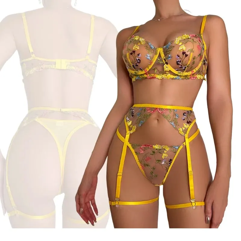 Conjunto de lingerie sexy de cor aleatória, 3 peças, bordado floral, sutiã de renda transparente, cinta-liga, kit de roupa íntima íntima