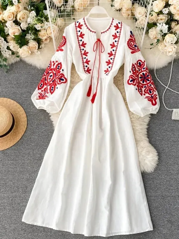 Γυναικεία φθινοπωρινά φορέματα Bohemian κεντημένα λουλούδια με λαιμόκοψη φανάρι μανίκι ψηλόμεσο πλισέ Φόρεμα All-match Γυναικείο Vestidos PL393
