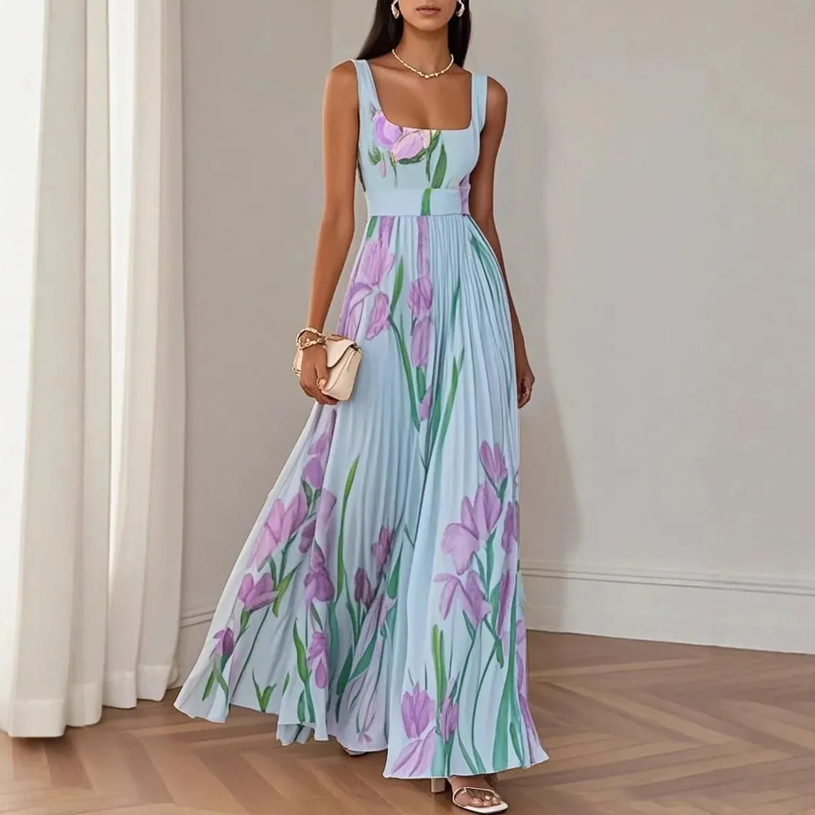 Vestidos Mujer Sexy Square Collar Pleated Dress Woman Spring Floral Print High Waist Long Dresses New Summer Sleeveless Sundress