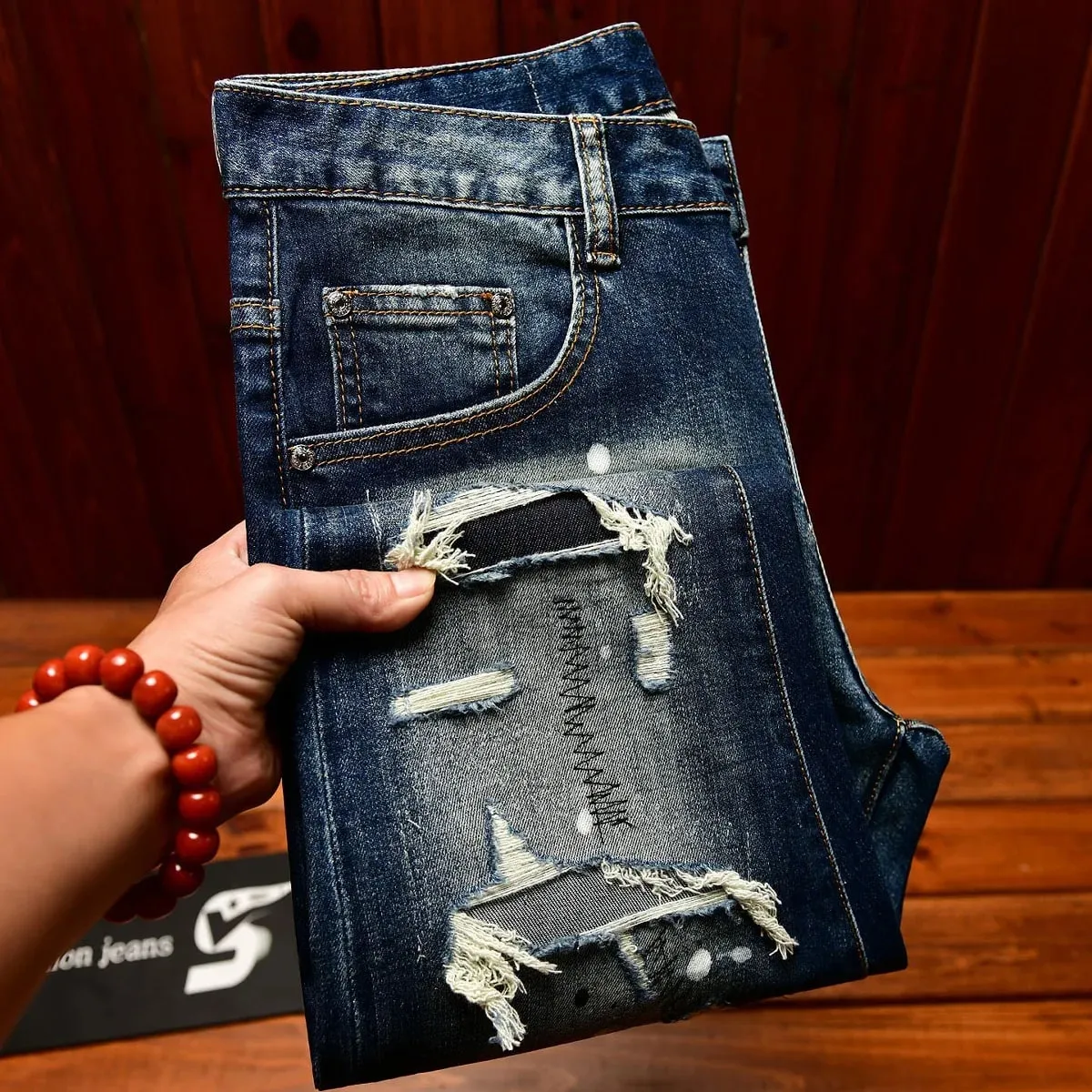 High end nostalgic jeans for men slim fit with small holes patches scraped inkjet street trend elastic retro denim pants