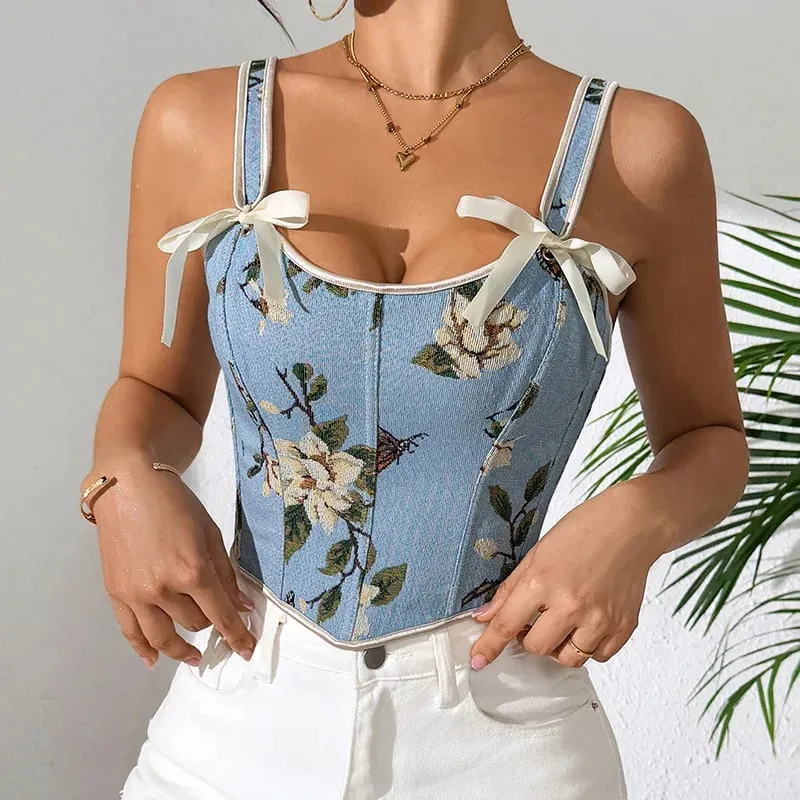 Sexy French Floral Print Bra Top Retro Double Strap Chest Support Body Shapewear Vintage Corset