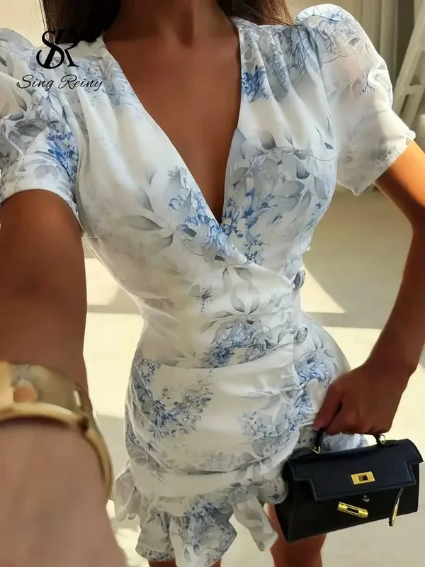 Elegant Floral Printed Mini Dress Women V-neck Short Sleeves Hotsweet Ruffle Sundress 2026 Lady Summer Vacation Dress