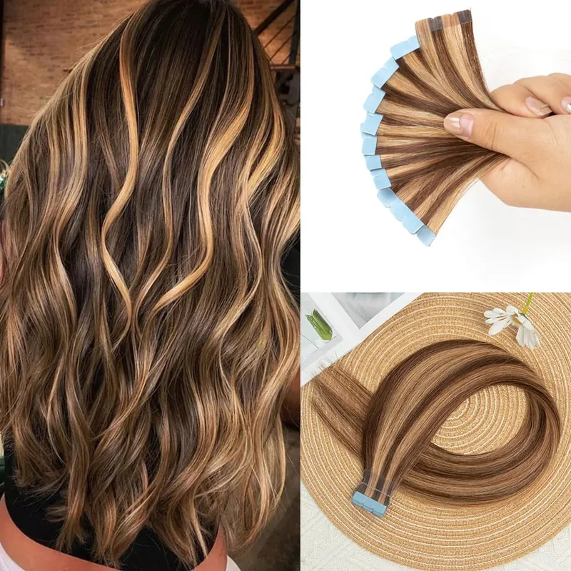 Blonde Mini-Tape-in-Haarverlängerungen, Echthaar, natürlich, glatt, schwarz, braun, doppelseitig, nahtlos, PU-Hautschuss-Tape-Ins, 10 Stück — image 13