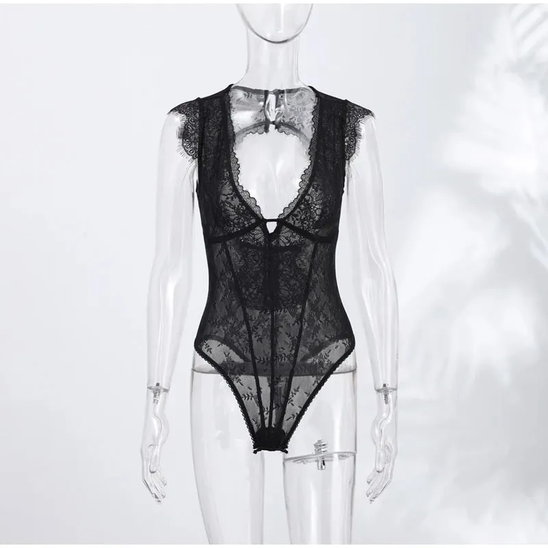 Sexy Lace Women's Bodysuit See Through Solid Deep V-neck Backless One Piece Tops 2026 Summer New Chic Club Party Lady Jumpsuits