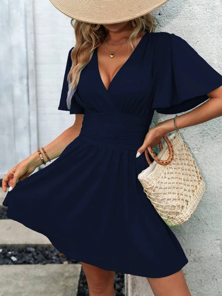 2025 New Summer Deep V-Neck Smocked Ruffled Sleeves Bodycon Dress Women French Retro Style Solid Color Short Long Midi Maxi Dres