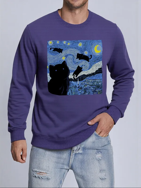 Van Gogh Starry Night Cat Printed Pullovers Unisex Thicken All-Match Sweatshirt Hip Hop Loose Hoodie Autumn Casual Sweatshirts