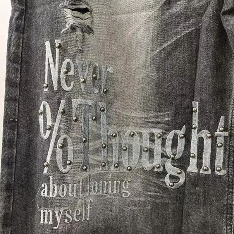 High Street Y2k Ripped Jeans With Embroidered Letters And Beaded Decorations Wide With Pleated Prints Loose Straight Leg Pants