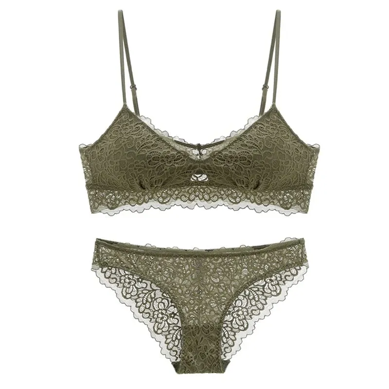 triangle full lace wire free pullover cotton Brassiere with pad and panties small underwear sets hollow out comfortable