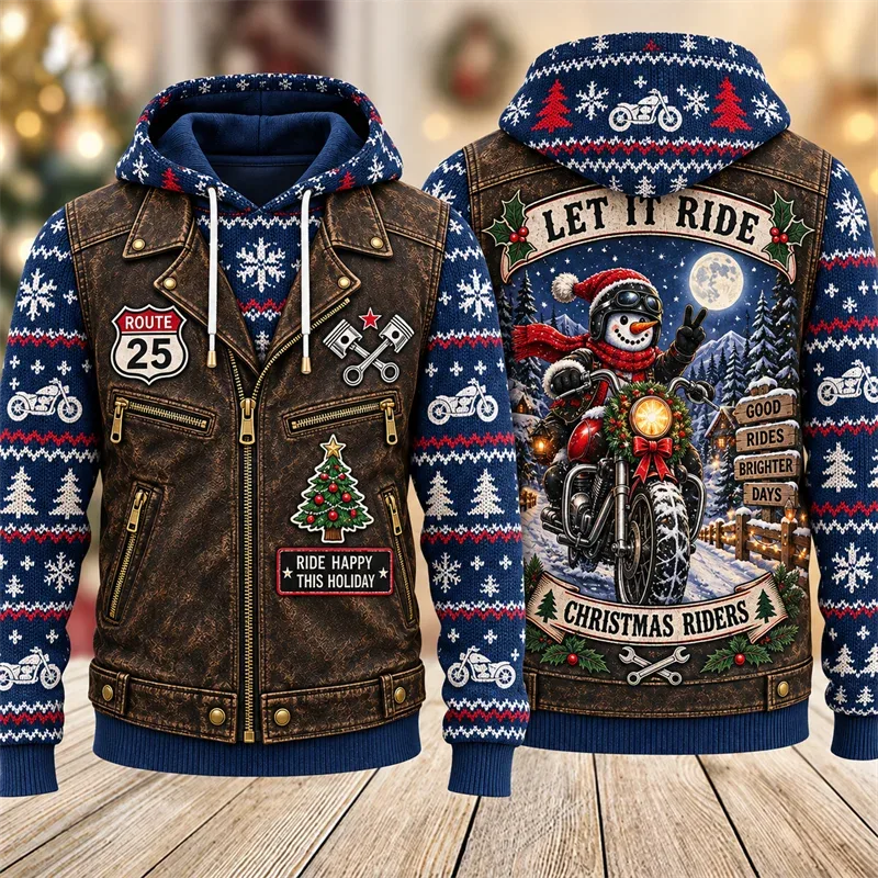 Christmas Biker Hoodie 3D Print Santa Reindeer Gingerbread Rider Faux Leather Vest Holiday Pullover Winter Streetwear Gift