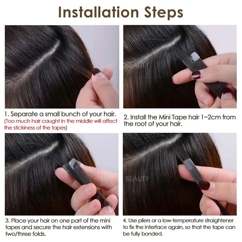 Blonde Mini-Tape-in-Haarverlängerungen, Echthaar, natürlich, glatt, schwarz, braun, doppelseitig, nahtlos, PU-Hautschuss-Tape-Ins, 10 Stück — image 6
