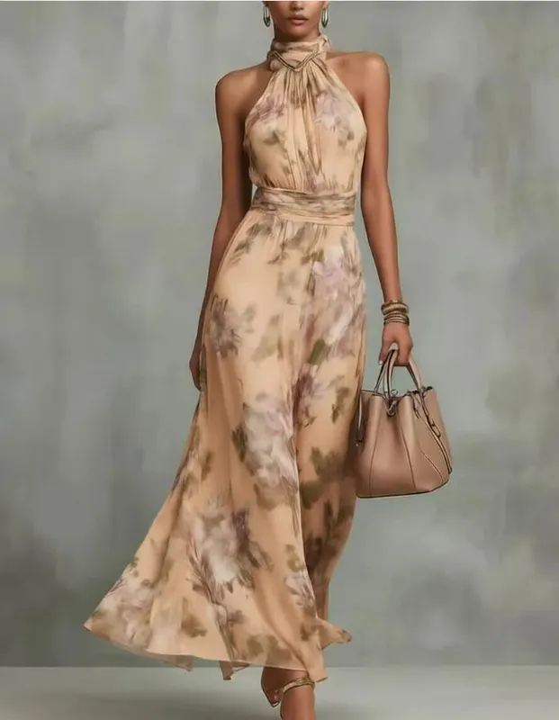 Elegant Halter Off Shoulder Hollow Party Woman Retro Floral Print Chiffon Long Vintage Boho Sleeveless Summer Beach Dresses
