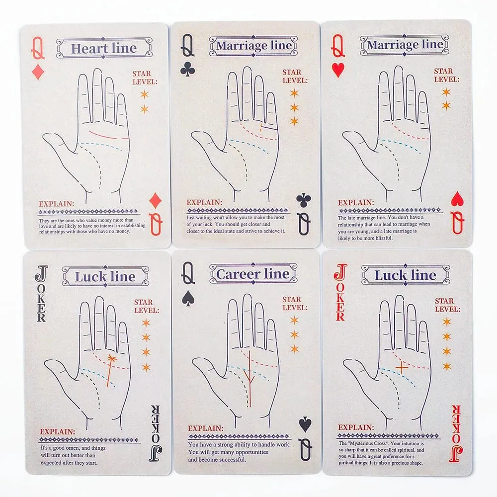 9*6cm 56-Card Palmistry Poker Deck Includes Life Heart & Wisdom Line Explanations – Blue Yin-Yang Design Backs