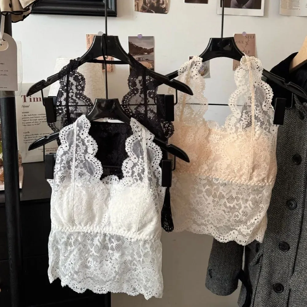 Chest Cushion Top Mesh Flower Lace Camisole Sleeveless Transparent Lace Crop Tops Bottoming Shirt Halter Neck Camisole Ladies
