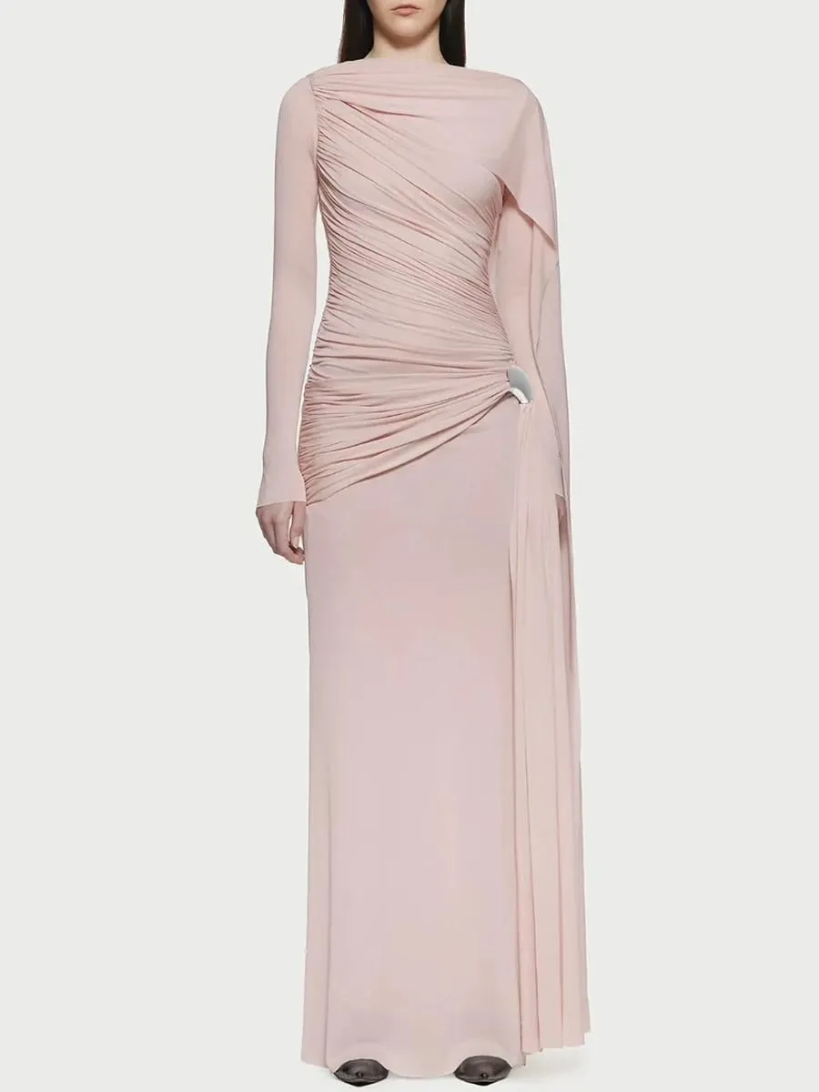 Slimming Spliced Folds Temperament Dresses for Women Round Neck Long Sleeves Patchwork Ribbon Dress Female Clothing