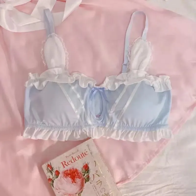 Cute Japanese Rabbit Ear Bra Panties Set Wireless Thin Triangle Brassiere For Small Flat Breast Breathable Daily Underwear S-XL