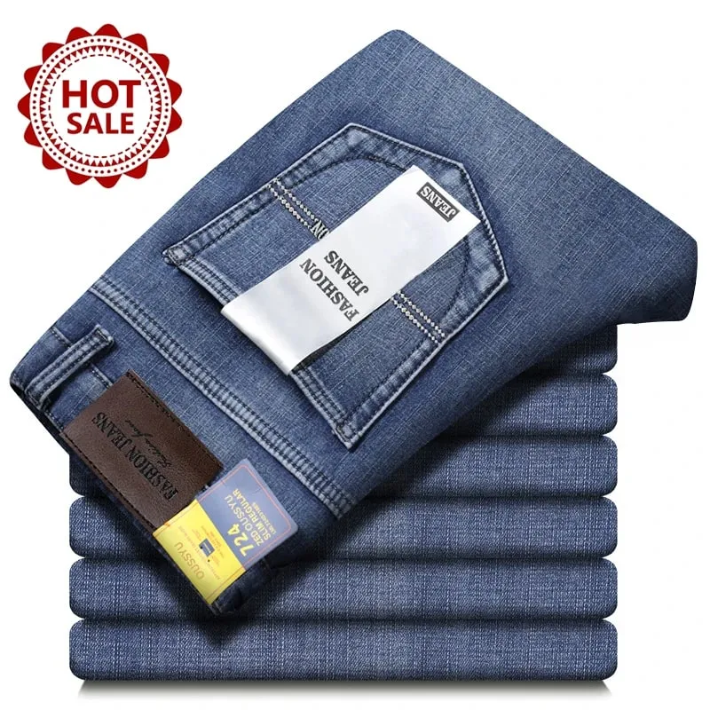 Autumn Winter Men's Jeans Classic Retro Grey Denim Pants Man Work Slim Straight Stretch Cotton Trousers Streetwear Plus Size 40