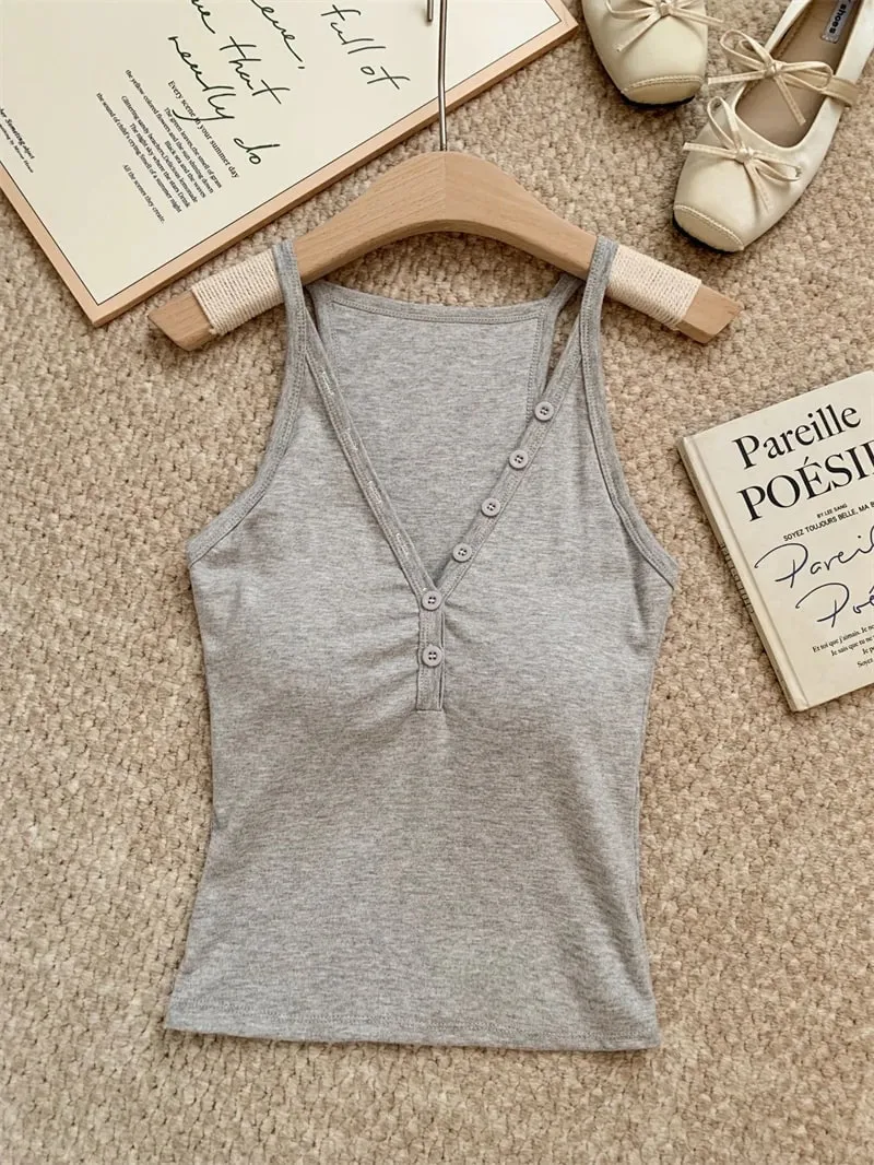zjaiss Fashion Slim Fit Tank Top 2026 Summer V-neck Button Women Cami With Built-in Bra Pad Casual Basic Inner Top