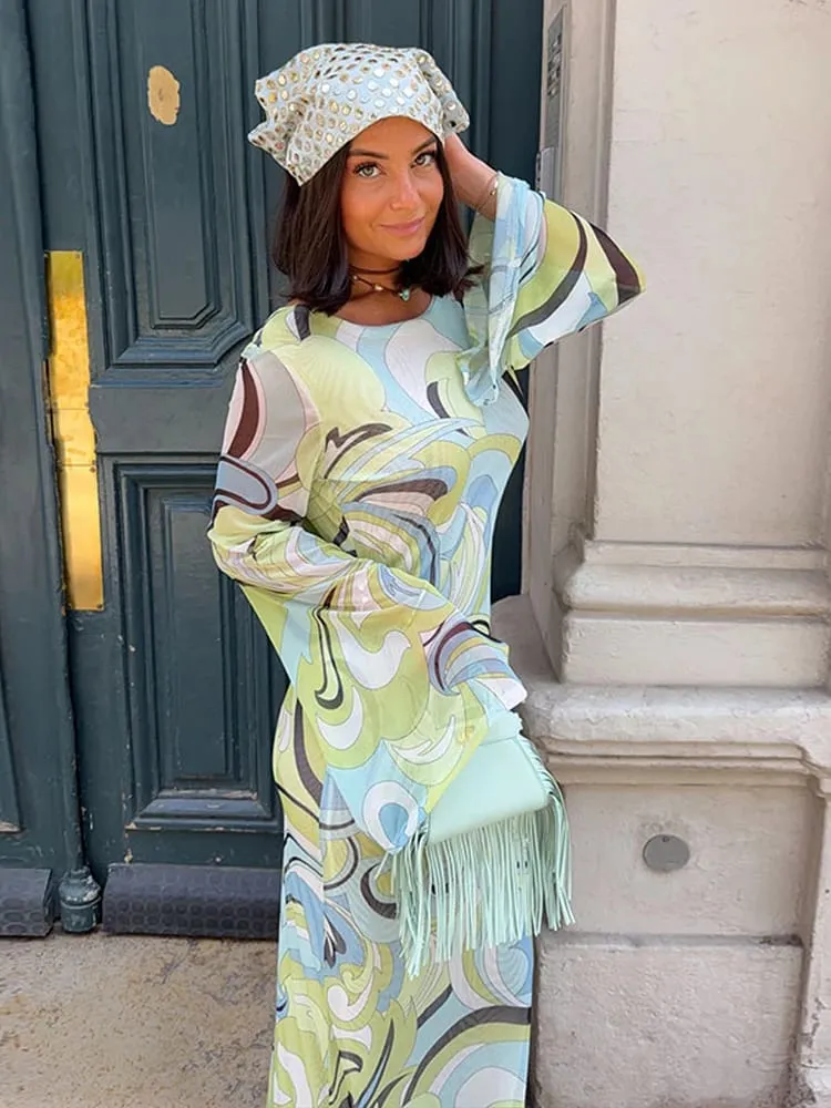 Elegant Print Mesh Long Dress For Women Sexy Deep O-neck Sleeveless Perspective Maxi Dress Lady Summer Chic Beach Robes