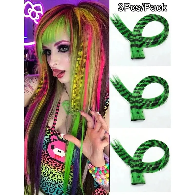 3Pcs Leopard Print Hair Extensions Synthetic Stripe Printed Hair Piece Colorful Long Straight Clip In Hair For Women Girls Party