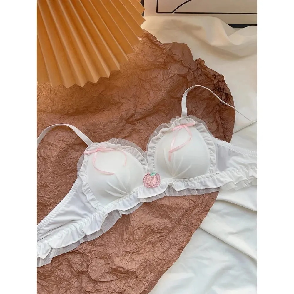 Japanese Kawaii Sweet Lingerie Set French Sheer Mesh Thin Wireless Triangle Cup Bra Panties Set Soft No Underwire 32‑38 Bra Set
