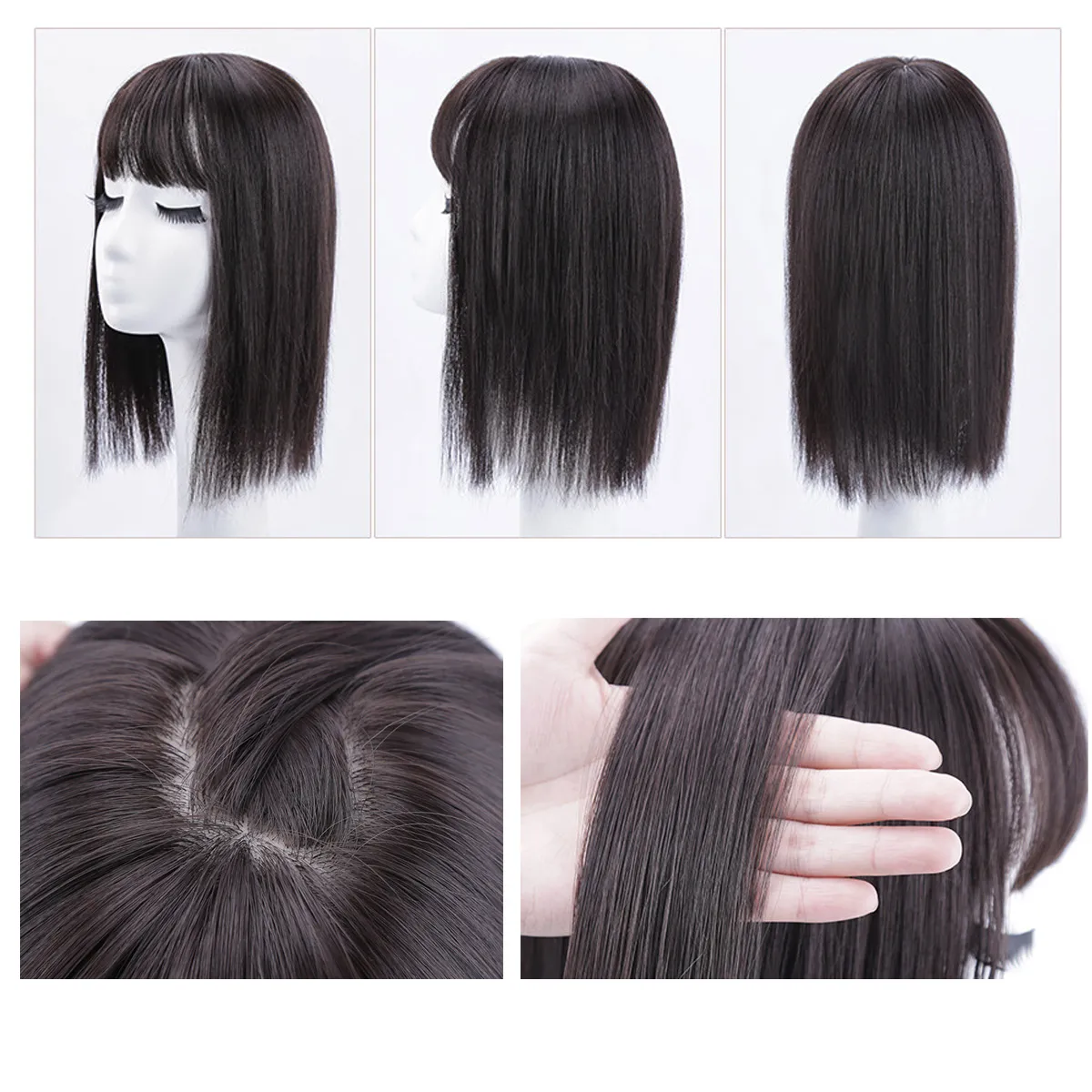 Synthetic 16inch Straight Topper Hair with 3 Clips for Women Hairpieces for Thinning Hair Featuring Bangs Easy to Wear