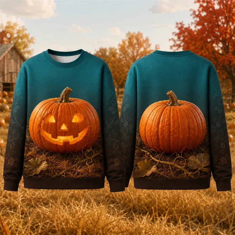 Autumn Winter Halloween Men Sweatshirt 3d Print Vintage Farm Pumpkin Lantern Pullover Sweatshirt Thanksgiving Party Unisex Top