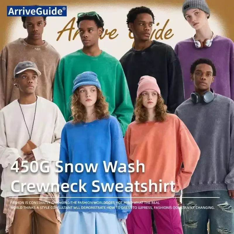 Extra-Large 100% Pure Cotton 350g Round-Neck Hoodie Washed-Out Retro Wax-Printed Snowflake Crewneck Sweater Casual Distressed
