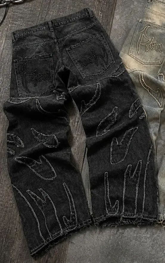 Streetwear Black Denim Wide Leg Jeans Featuring Oversized Letter Embroidery and Distressed Baggy Jeans Fit Gothic Hip Hop Pants