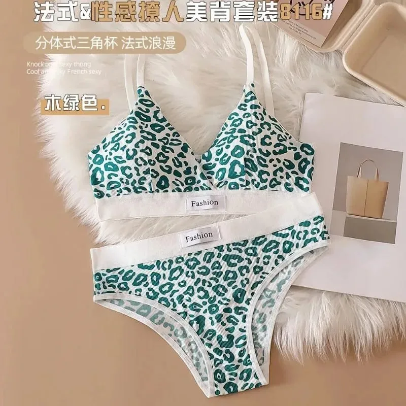 Summer New Women's Leopard Print Traceless and Steel Rim Bra Adjustable Shoulder Strap Back Women's Underwear Set