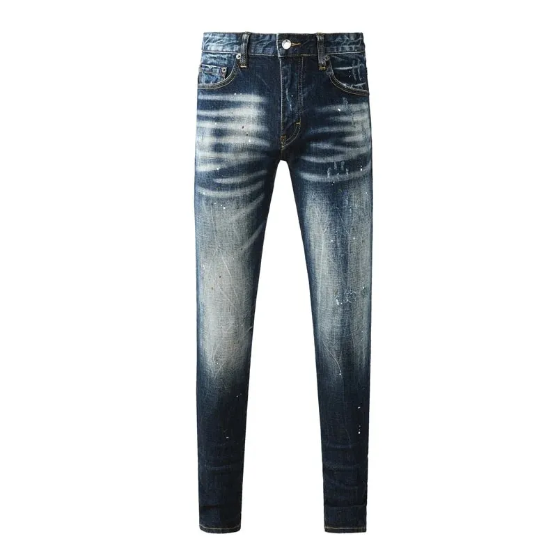 Men Deep Blue Vintage Washed Skinny Jeans Mid Waist Wrinkle Stretch Slim Fit Denim Casual Long Trousersy2k