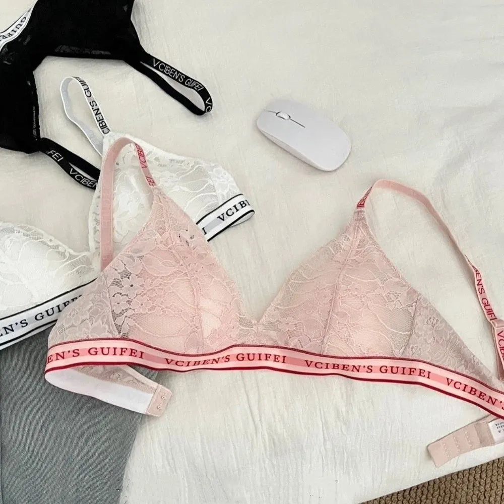 Fashion Letter Design Lingerie Set Lace Wireless Women Underwear Suit Deep V Color Blocking Bra Panties Set Girl — image 3